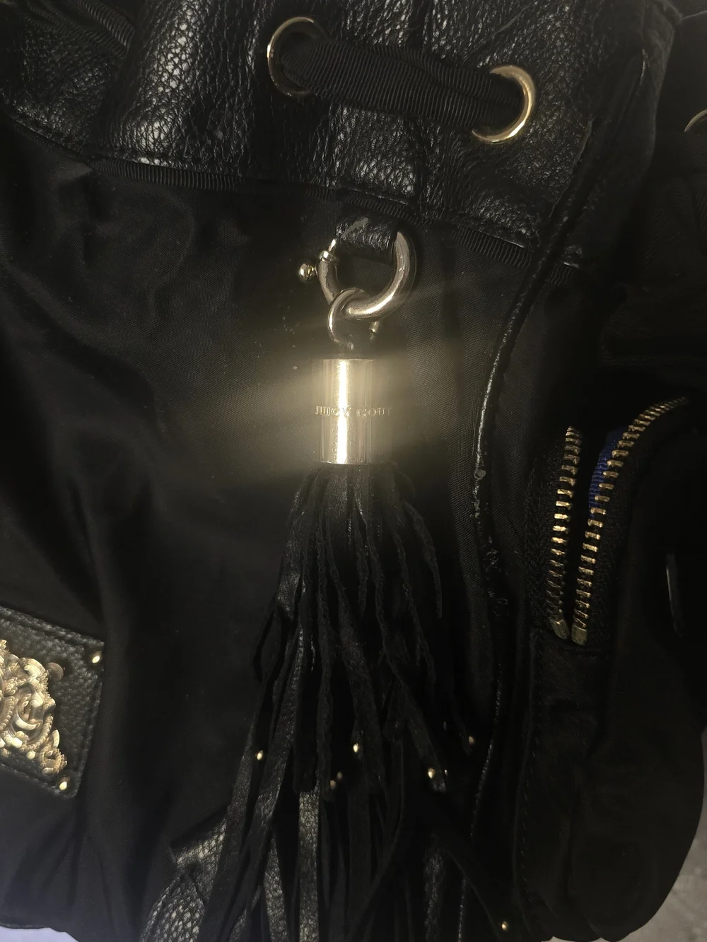 Vintage Juicy Couture Black Leather Tassel Bag Charm / Purse for Repair TLC READ